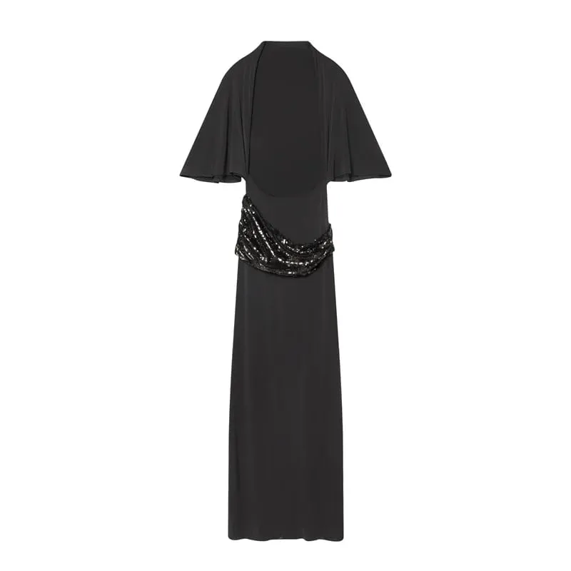 Women Backless Sequin Patchwork Maxi Dress Elegant Wide Sleeve Long Gowns Feminine New Fashion Evening Party Daily Robes
