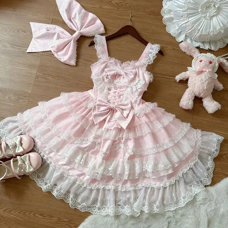 Lolita Kawaii Y2k Long Sleeve Strap Dress Japanese Knee-Length Women Elegant Lace Bow Patchwork Ball Gown Sweet All Season — image 6