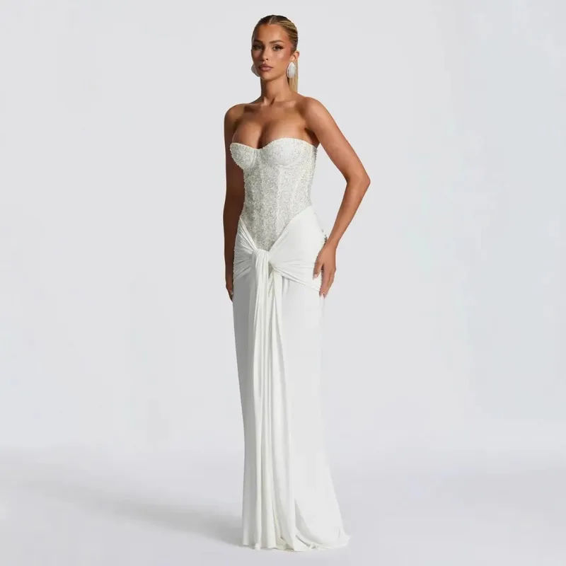Sexy Sequin Patchwork Strapless Maxi Dress Women Sleeveles Off-shoulder Cinched-waist Pleated Dresses Lady Evening Party Gowns — image 6