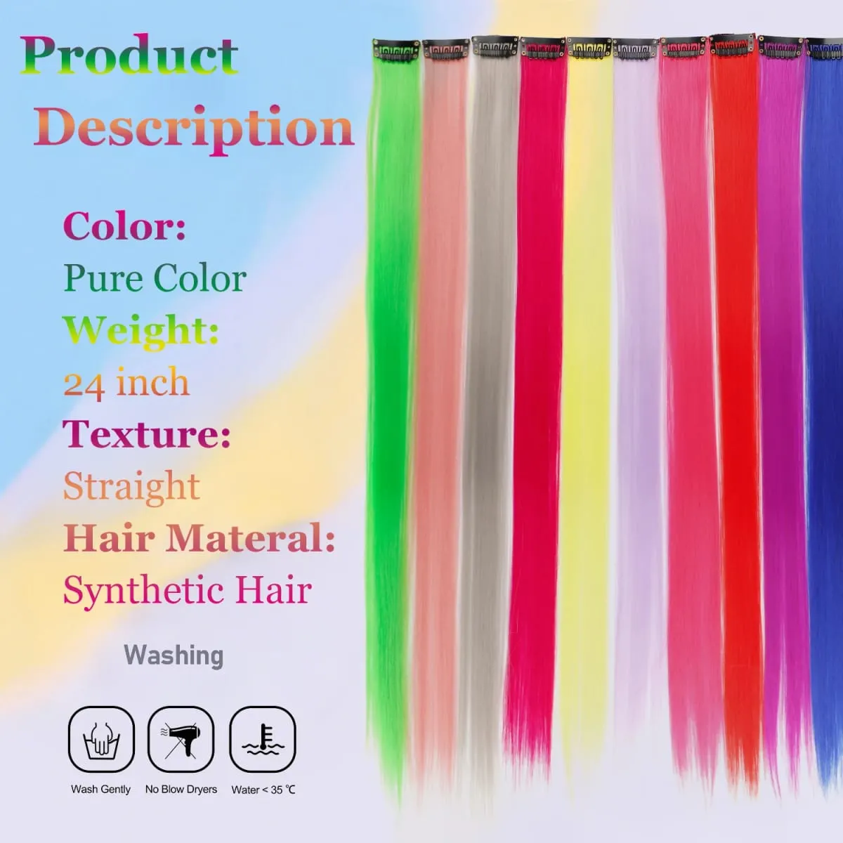 Colorful Clip in Synthetic Hair Extensions Party Highlights Rainbow Long Straight Hairpieces Colored Hair Extensions for Cosplay — image 3