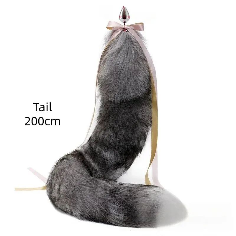 200cm Soft Real Fur Fox Tail Anal Plug with Split Design Metal Butt Plug for Women Cosplay Costume Flirt Sensory Sex Toys