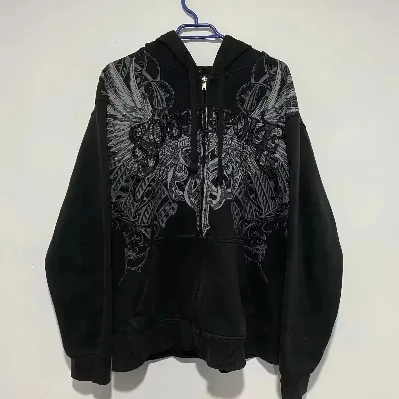 American Retro Rock Gothic Graphic Fur Collar Loose Zipper Sweatshirt Men's Y2K New Harajuku Punk Casual Joker Hoodie Streetwear