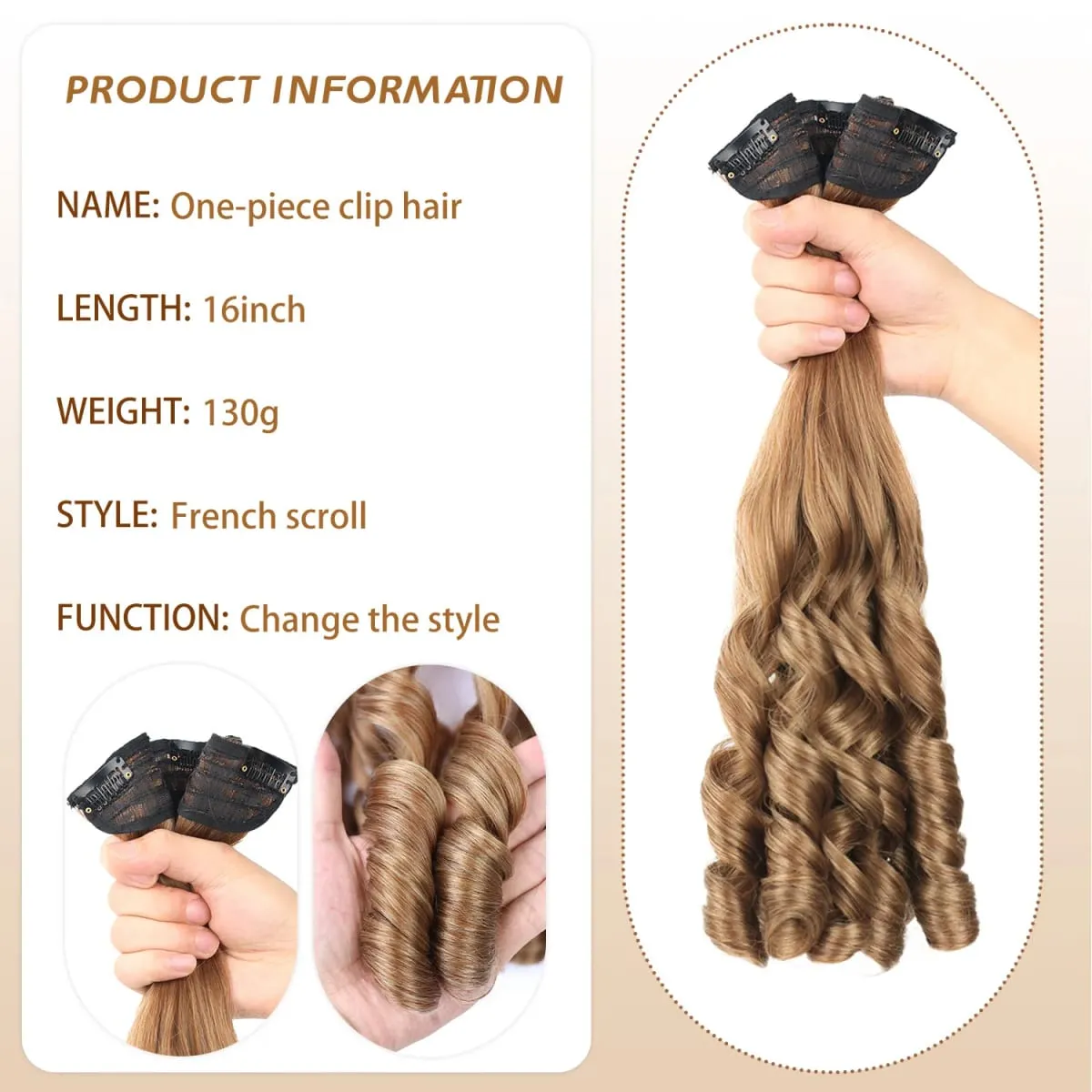 Synthetic Clip in One Piece Hair Extensions 5 Clips in one piece false hair 16inch French curl Style for women girls Daily Party — image 3