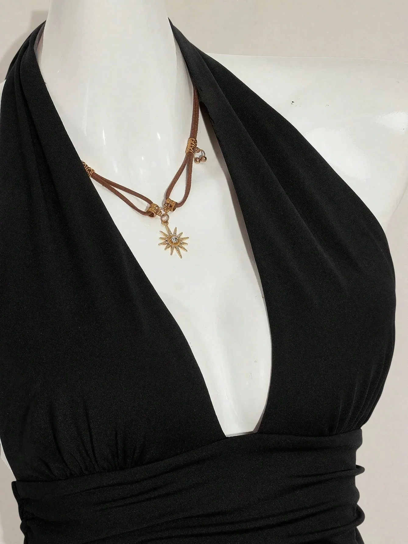 Halter Neck Tie Back Peplum Top Deep V Neck Ruched Waist Sleeveless Open Back Streetwear Party Clubwear For Women — image 3