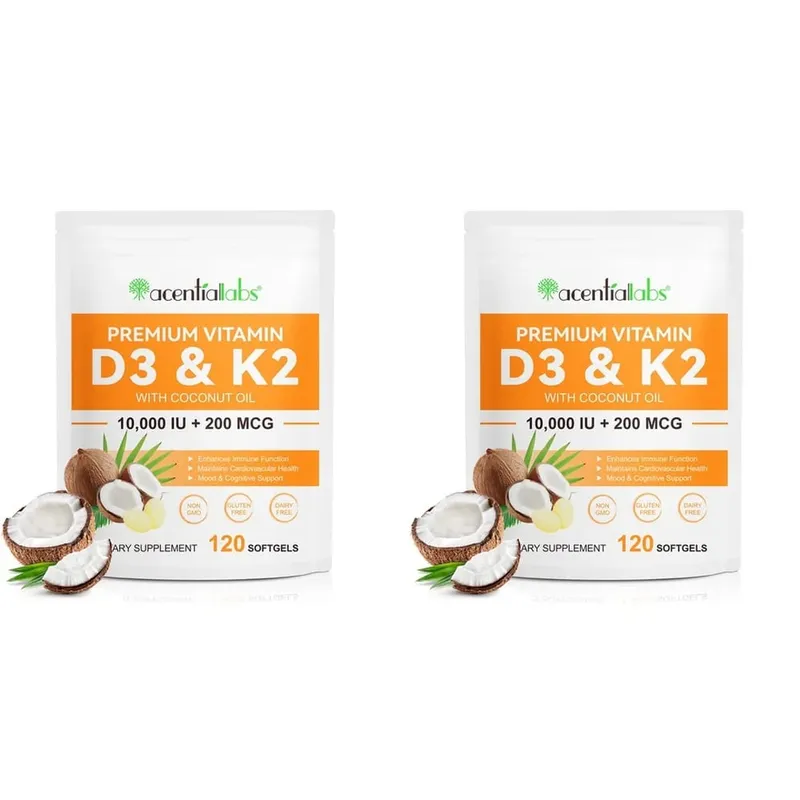 AcentiaLabs Vitamin D3 & K2 Softgels with Coconut Oil Immune Function and Bone Support Gluten Free Non-GMO 120 Softgels