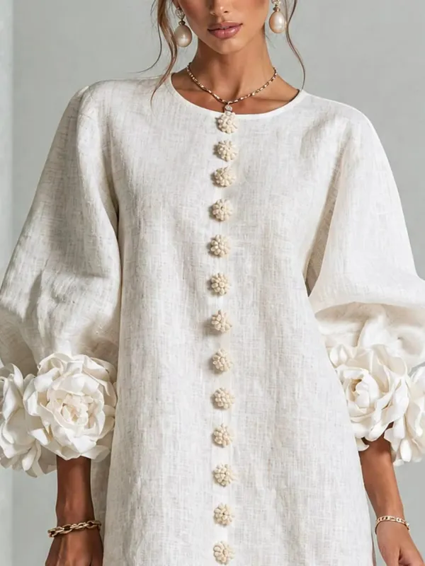 Women Spring Autumn 3D Flower Long Lantern Sleeve Cotton Linen Mini Dress Solid Crew Neck Loose Elegant Daily Wear Short Dress — image 8