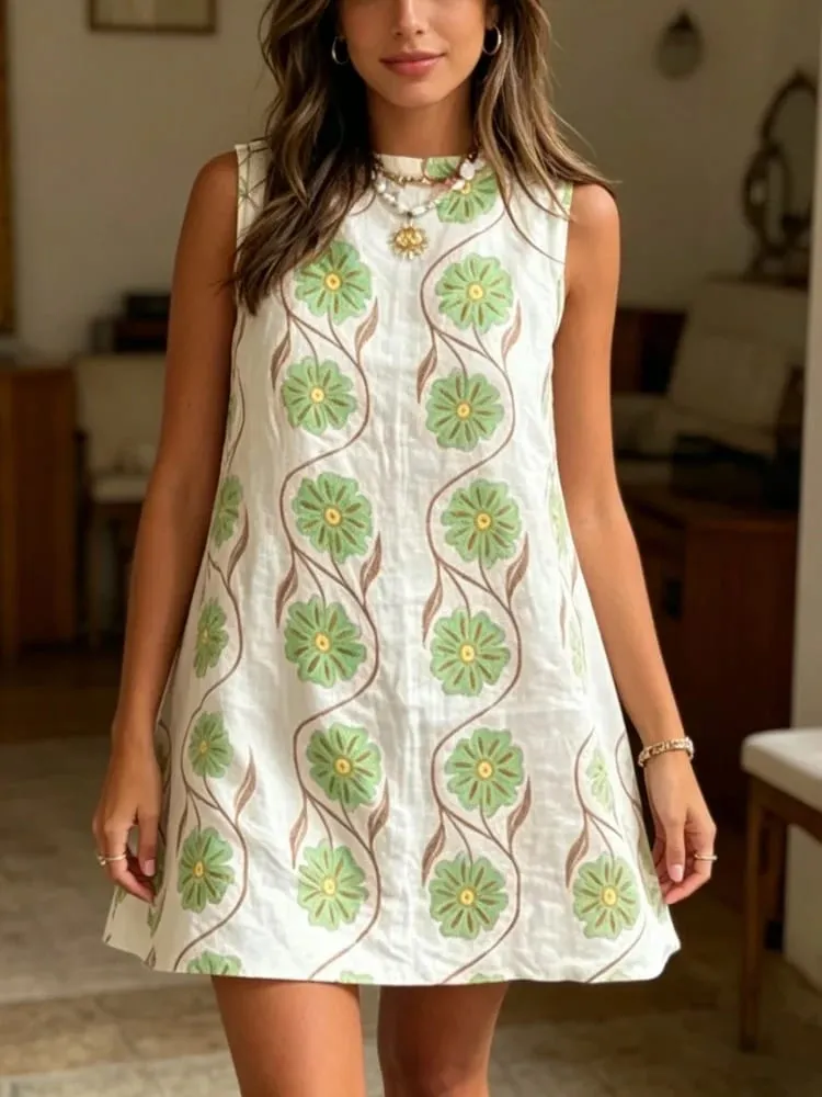2026 Summer Women O-neck Sleeveless Print Mini Dress Fashion New Elegant Casual Loose Vacation Beach Short Dresses — image 2