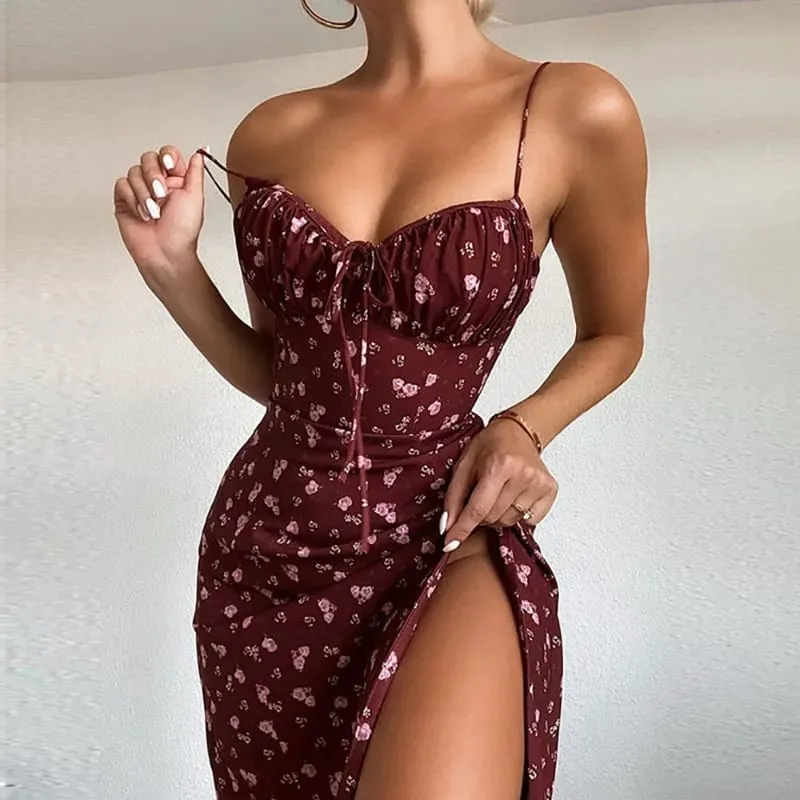 Women Elegant Floral Beach Vacation Streetwear Sexy Low Cut Beach Party Slim Slit Dress Chic Bodycon Lady Sleeveless Vestidos — image 2
