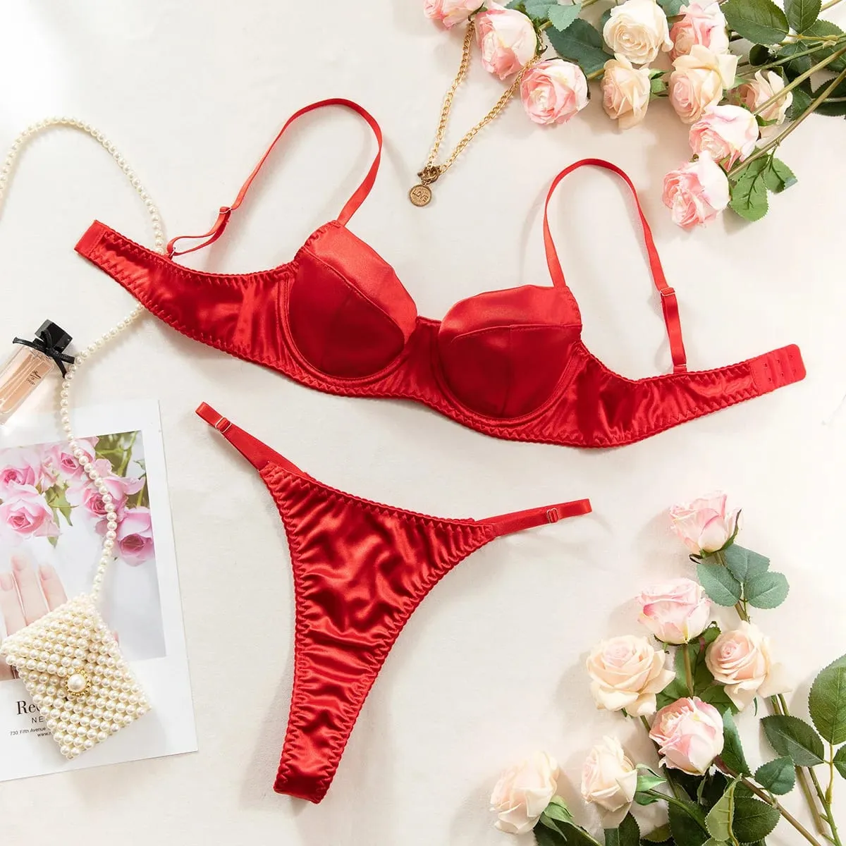 Women Underwear 2 Pcs Sexy Bra Set Underwire Push Up Satin Patchwork Bras and Thongs Suits Attractive Bilizna Intimate Set — image 3