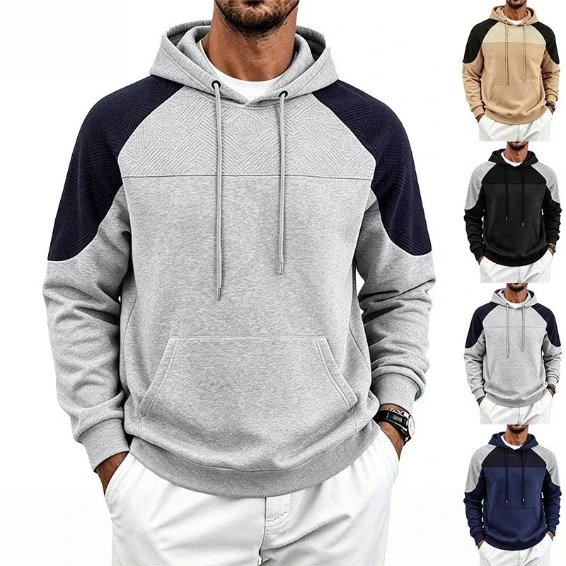 Autumn Winter Men Color Block Raglan Hoodie Textured Chest Panel Drawstring Kangaroo Pocket Loose Casual Streetwear Sweatshirt — image 14