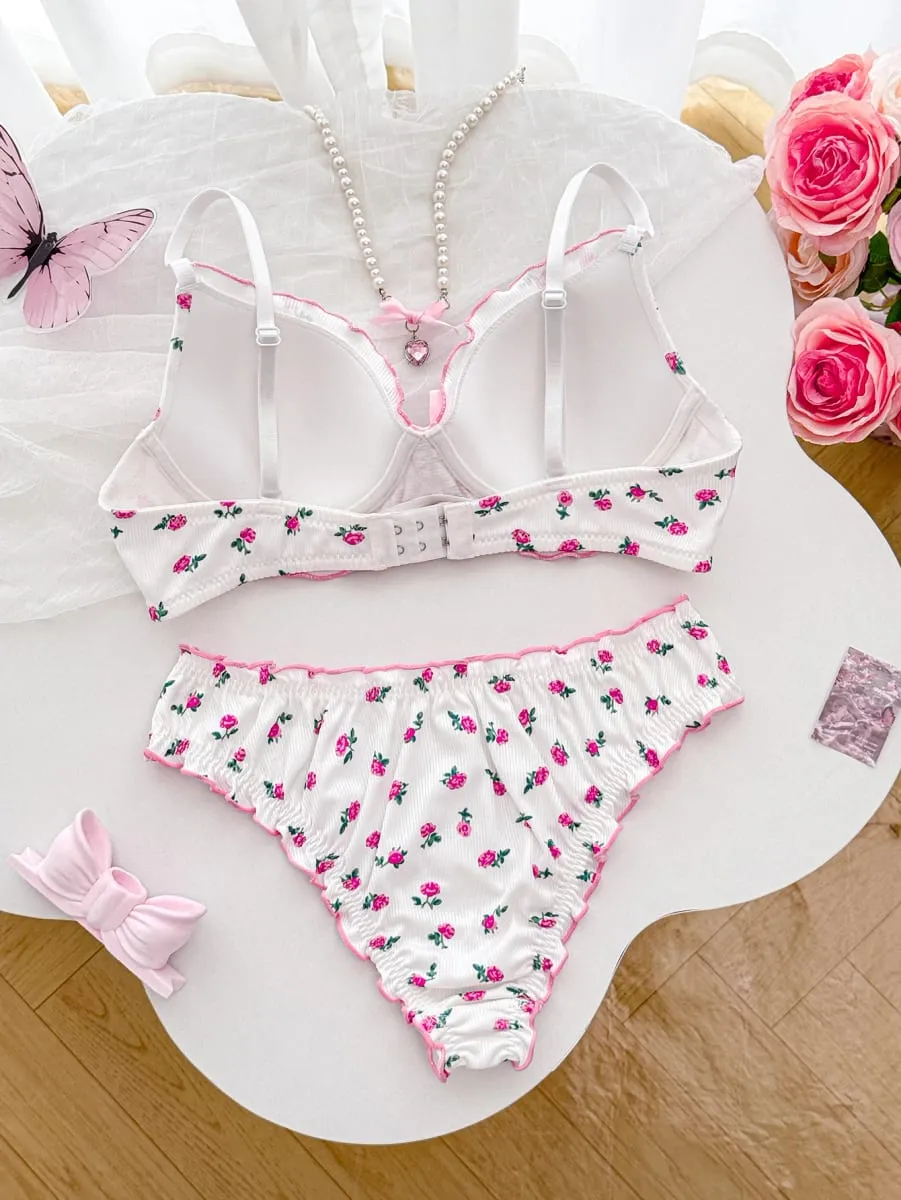 Cute Floral Pattern Women's Underwear Set Stylish Bow Ribbed Bra Soft Ladies Panties Ruffled Trim A B C D Cup Women's Bra — image 2