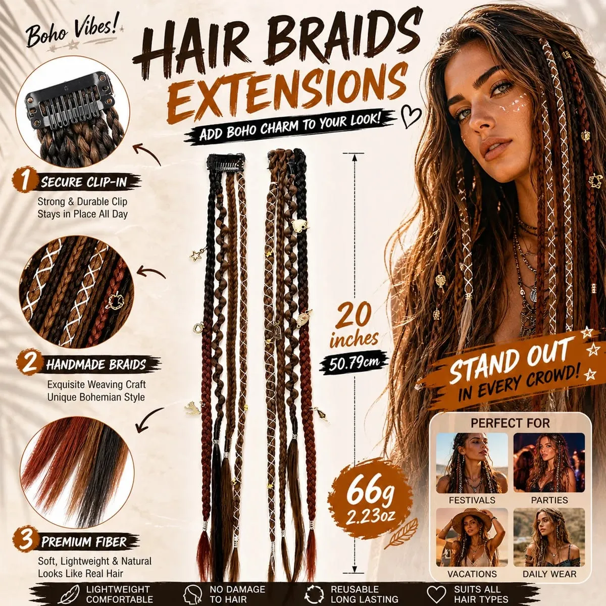 Synthetic Bohemian style clip braid hair extension wig women braided twist braid hair accessories hair extension wig — image 6