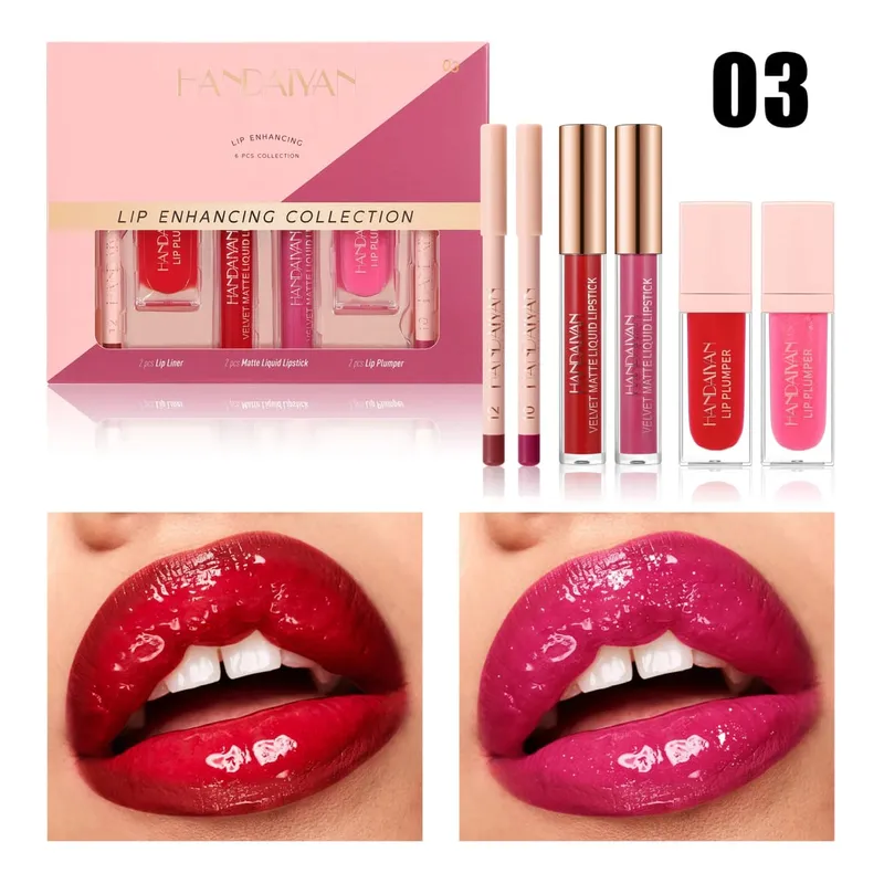 Set Riasan Bibir 6 Buah Lipstik Cair Matte Tahan Air Lip Gloss dan Lip Liner Sangat Berpigmen dan Mudah Diaplikasikan