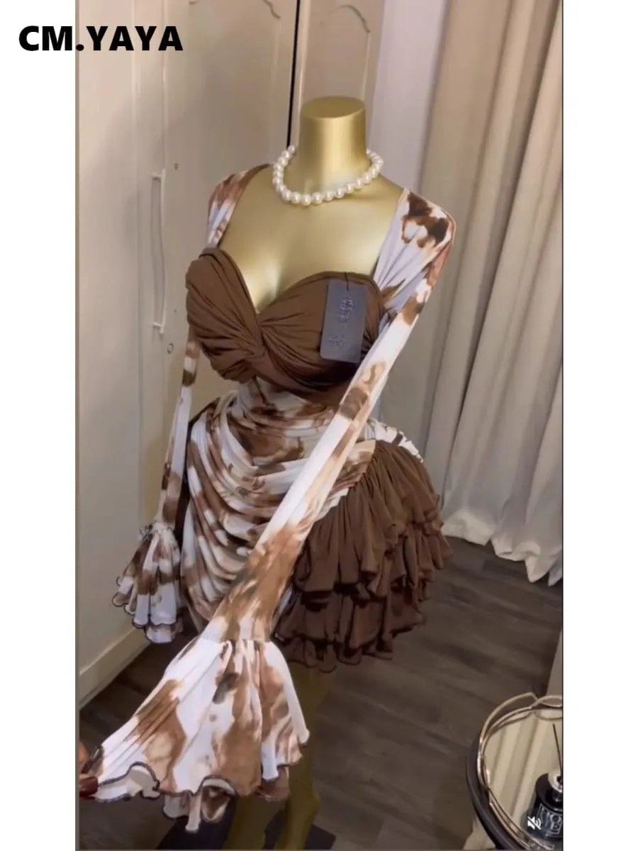 CM.YAYA Kobiety Tie Dye Print Kaskadowe falbany Bell Z długim rękawem Bodycon Ruched Drapowana sukienka z dekoltem w kształcie litery V Wakacje Plaża Sukienki wakacyjne