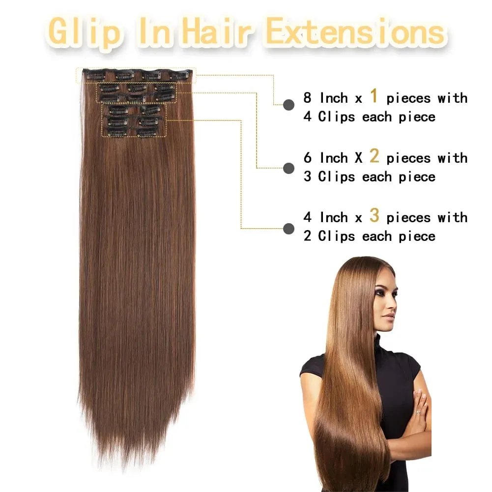 Jeedou Jeedou 6Pcs Clip In Straight Hair Extensions 60cm Long Synthetic Hair Pieces With 16 Clips Heat Resistant Hair For Women