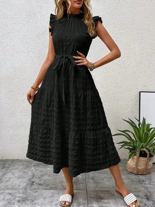 2026 Summer Fashion Flutter Sleeve Women Stand Collar Ruffles Solid Color Elegant Loose Long Dress Lace-up Texture Party Dresses