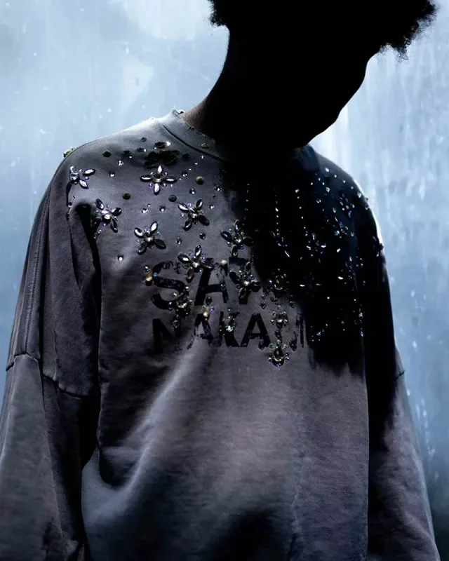 Letters Logo Rhinestone Rivet Satoshi Nakamoto Sweatshirts Men Women Streetwear Vintage Washed Charcoal Gray Green Pullovers Tag — image 4