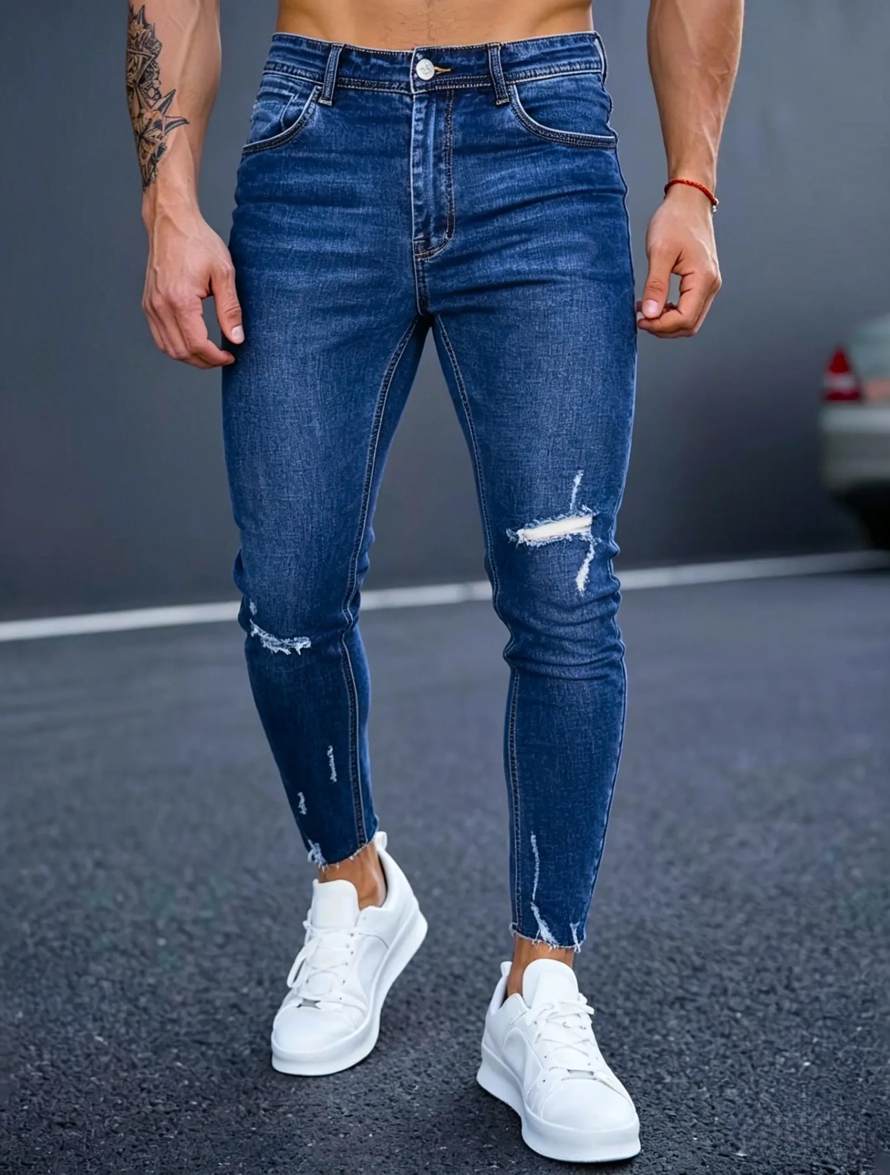 Slim Fit Jeans Men Blue Washed Whisker Ripped Details Jeans Classic Mid Waist Blue Tone All Season Pants Urban Daily Stylish Bot — image 1