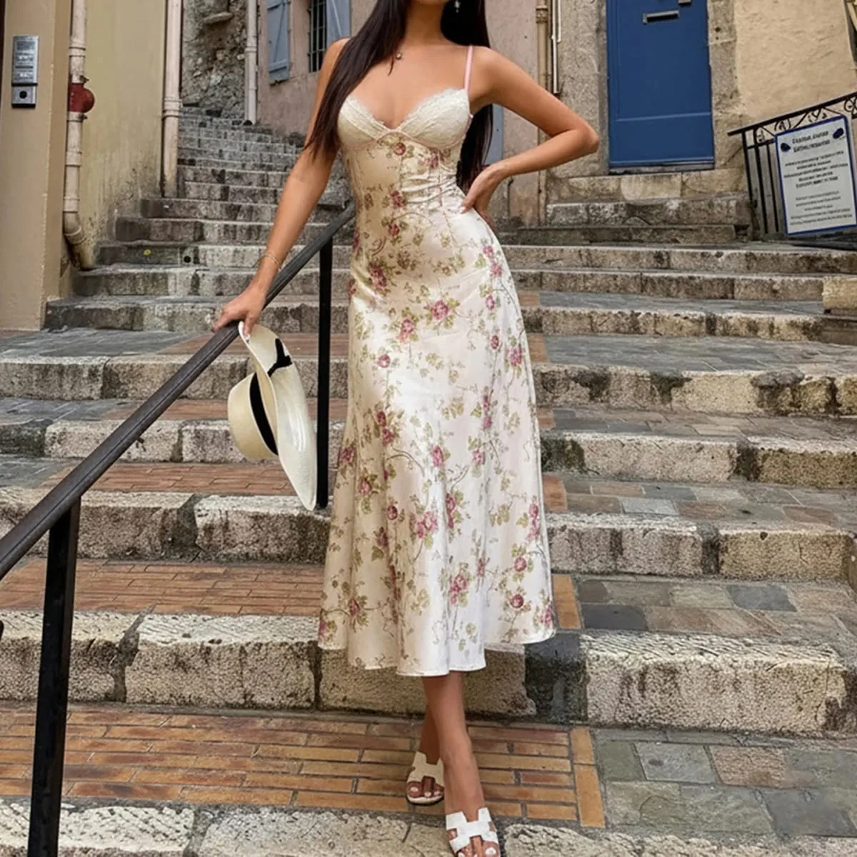 French Sexy Lace Satin Dress Women Sleeveless V-neck Spaghetti Strap Party Dresses Summer Vacation Boho Party Vestidos — image 1
