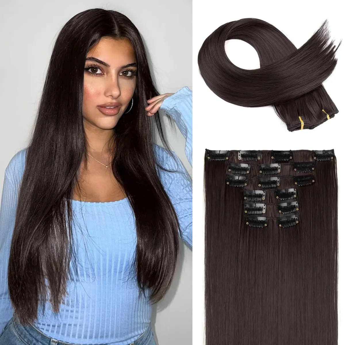 6pcs Clip-in Straight Hair Extensions Suitable for Women - Heat Resistant Synthetic Hairpiece with Look — image 7