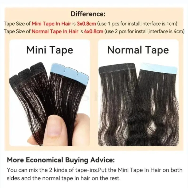 Mini Tape in Hair Extensions Human Hair 3x0.8cm Tiny Interface Tape Ins 360° Movement For Add Side Hair Volume Only 10pcs