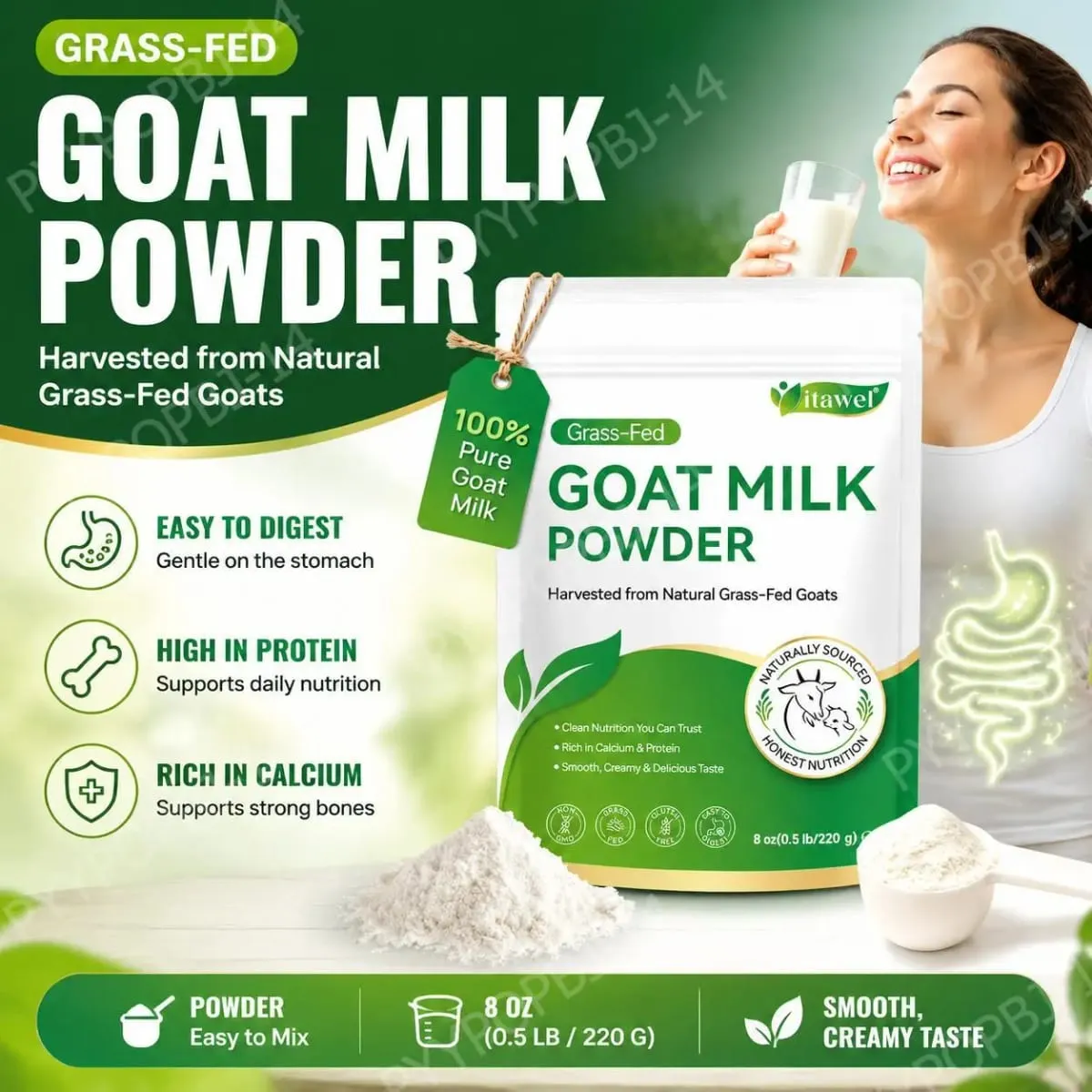 Itawel Goat Milk Nutrition Powder Supplement Grass-Fed Calcium & Protein Support Gluten-Free Easy to Mix 220g 32 Servings