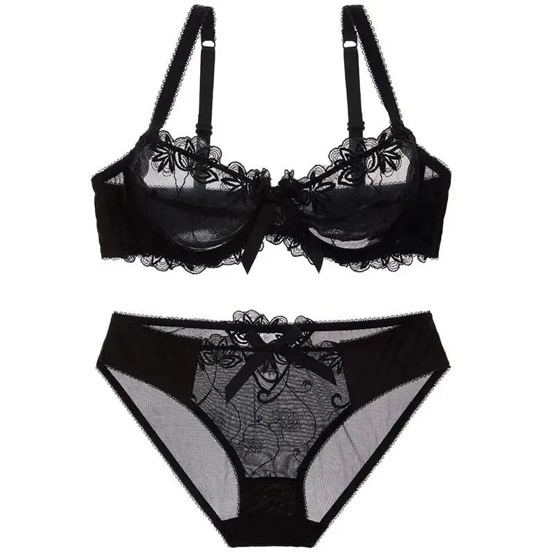 Women Sexy Sheer Mesh Lace Bra Set Thin Minimizer Big Bust Bowknot Pure Desire Lingerie Brassiere Underwear 34‑40 BC