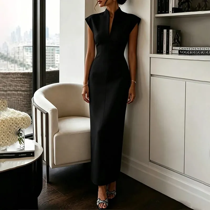 Solid Temperament Dress Women Sleeveless Slim V Neck High Waist Vestidos Elegant Formal Party Outfit Chic 2026 New Arrivals