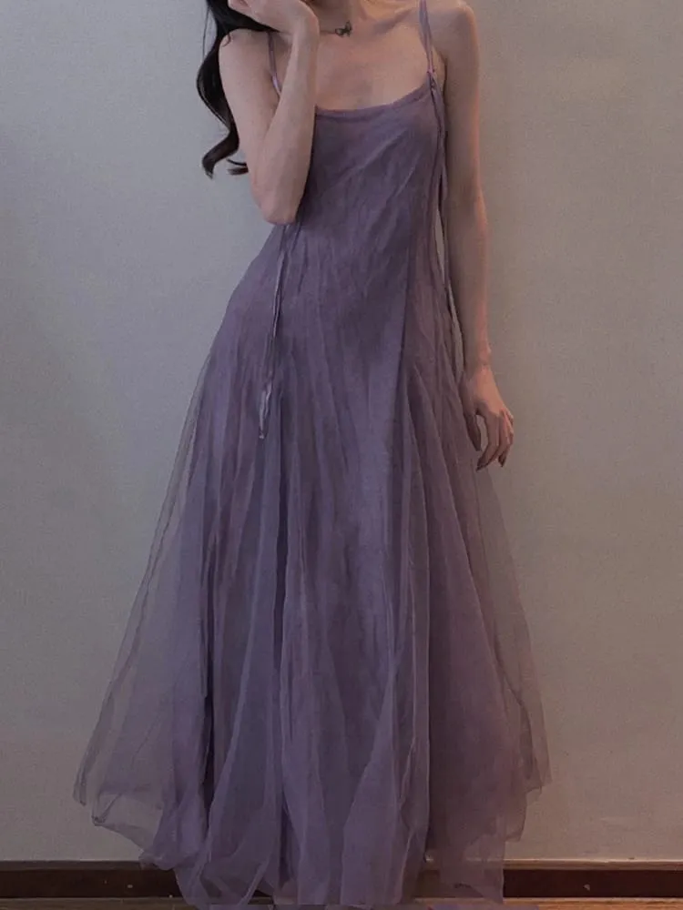 Slimming Effect Purple Mesh Ankle-Length Dress with Strap for plus Size Women Conceals Belly A-Line Gown Korean Style Commute...