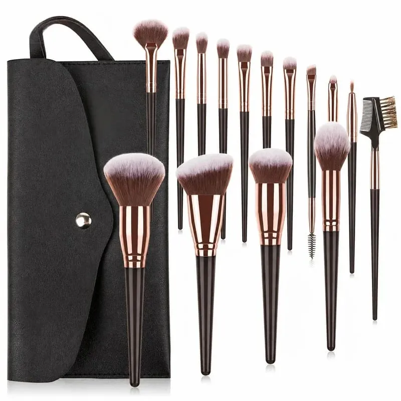15-Piece Makeup Brush Kit Portable Vegan Cosmetic Brush Set with Travel Bag Soft Synthetic Hair Face Eye Beauty Tools