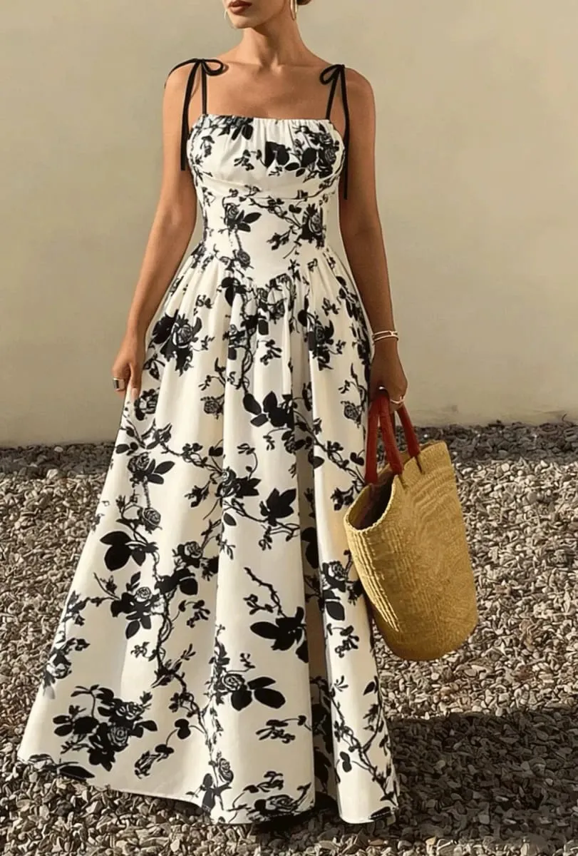 Summer Female Floral Dress French Style Elegant Slim Waist Large Hem Woman Strap Dress Vintage Lady Dresses