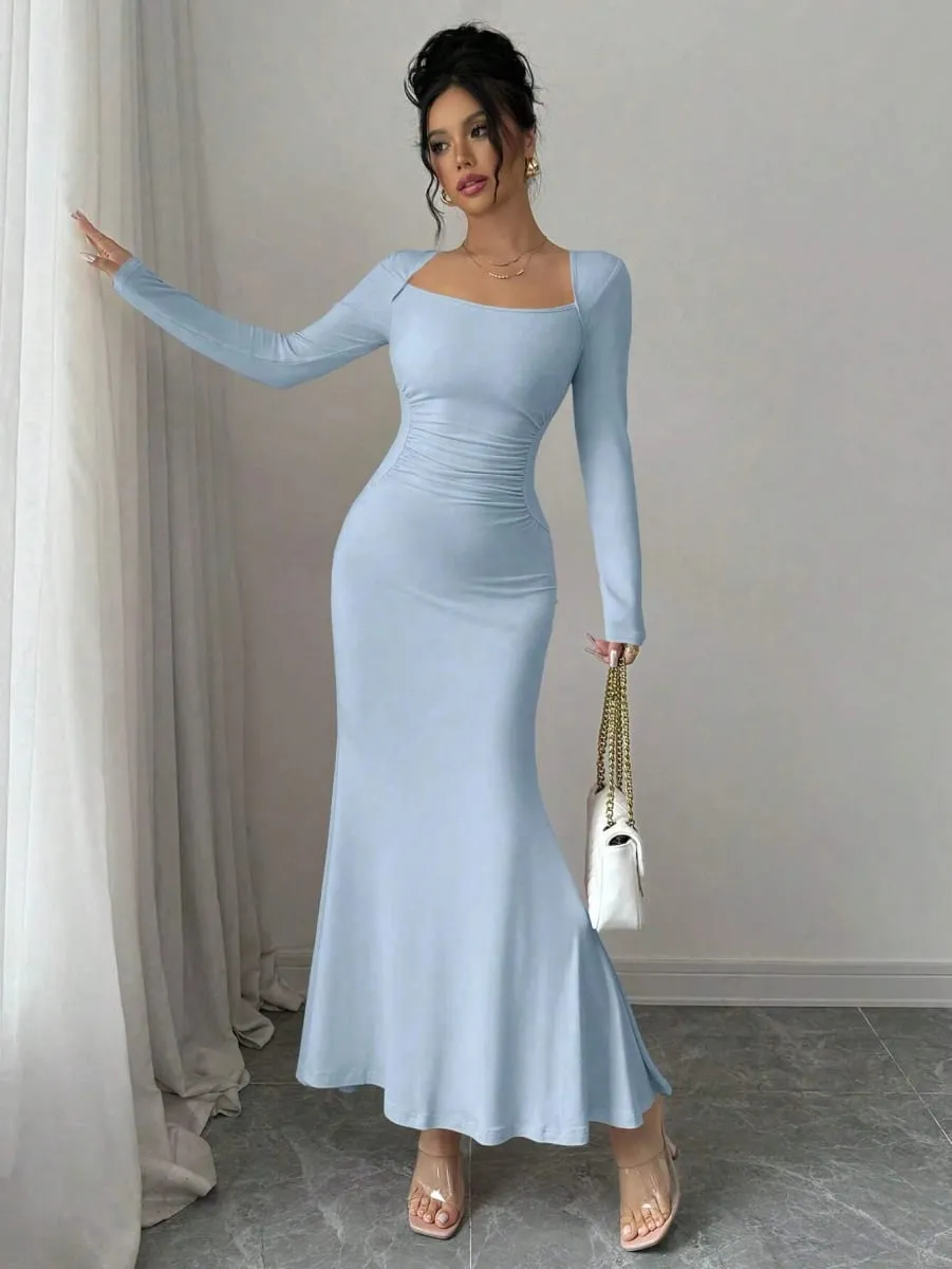 Women's Four Seasons New Style Women's Elegant Temperament Retro Solid Color Square Collar Long Sleeve Dress