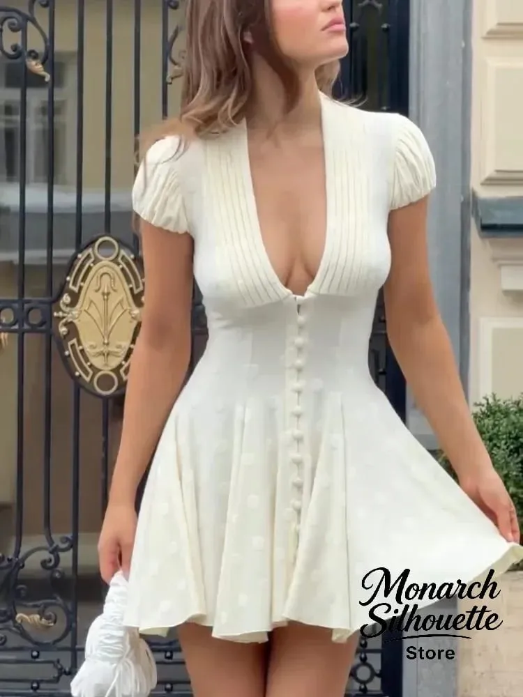 White Polka Dot Slim Fit Dress Women Solid Deep V-neck Puff Sleeves Pleated Front Button Short Dresses 2026 Lady Daily Wear New — image 2
