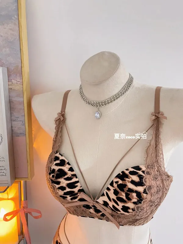 New Sexy Leopard Print Deep V Push Up Bra Lingerie Set for Women Small Bust Push Up Effect Anti Ptosis Daily Wear 32-38 Bra Set — image 9