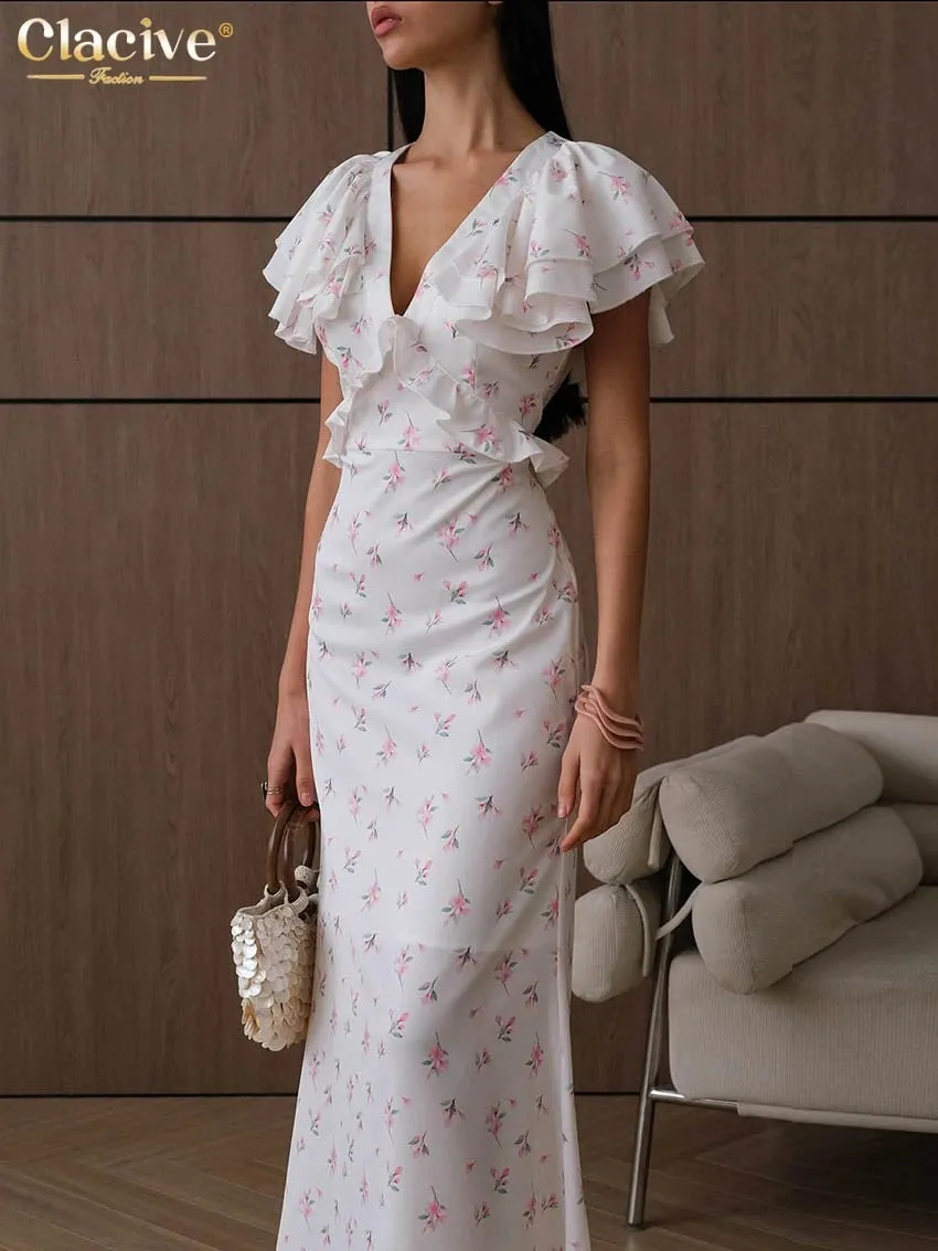 Clacive Sexy Loose Print Women's Dress 2026 Summer V-Neck Short Sleeve Ankle Length Dresses Elegant Classic Ruffles Female Dress — image 6