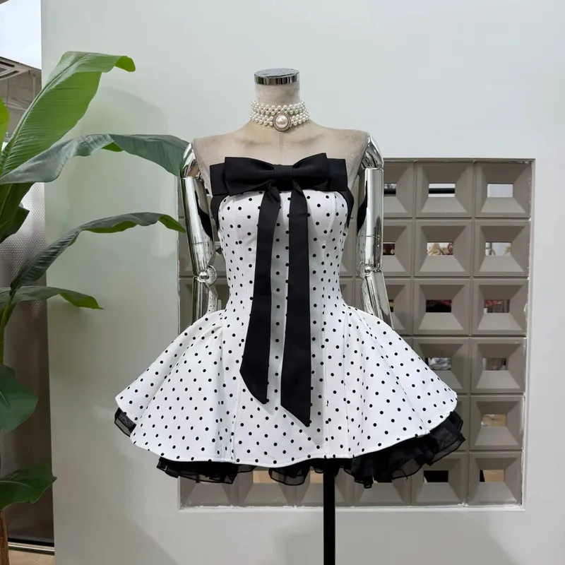 Women Sexy Strapless Backless Polka Dot Bow A Line Dress Party Birthday Evening Ball Gowns Nightclub Show Wear Fashion Vestido