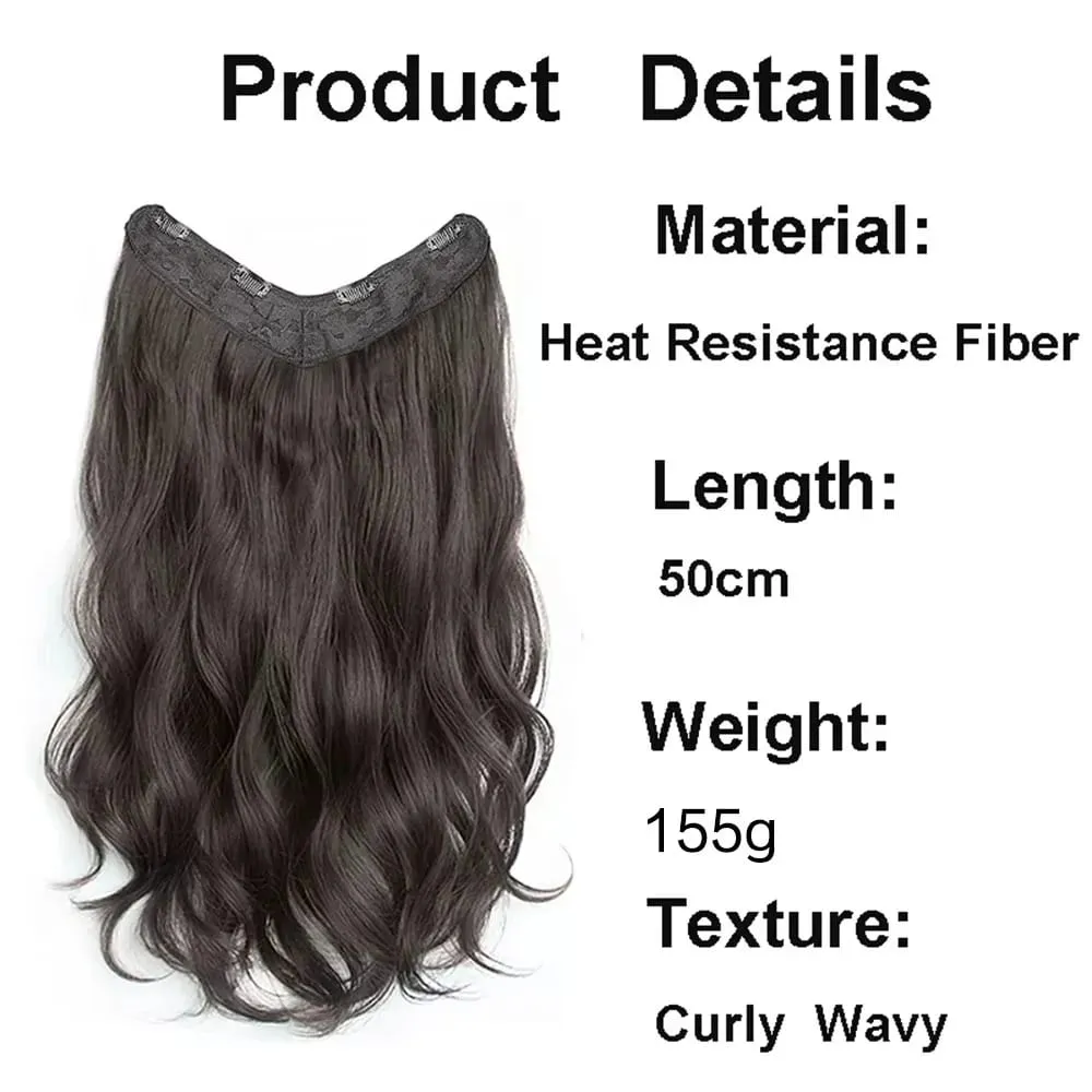 20Inch Synthetic Long Curly Hair Extension 4 Clips V-shape Natural Brown Black Hairpiece for Women