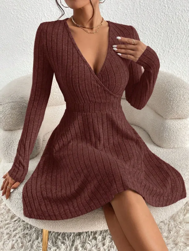 New for autumn/Winter 2024 Women Knit Slim Sexy Bodycon Dress V-Neck Long Sleeve Dress Solid Casual Midi Sweater Dress — image 6