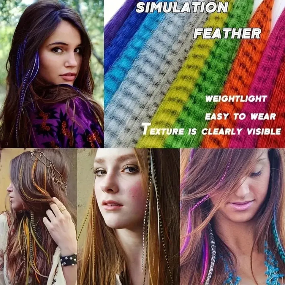 Synthetic Colored Feather Hair Extensions 16Inch Blue Purple For Women Zebra Line Feather Hairpiece For Women New Year Carnival — image 6