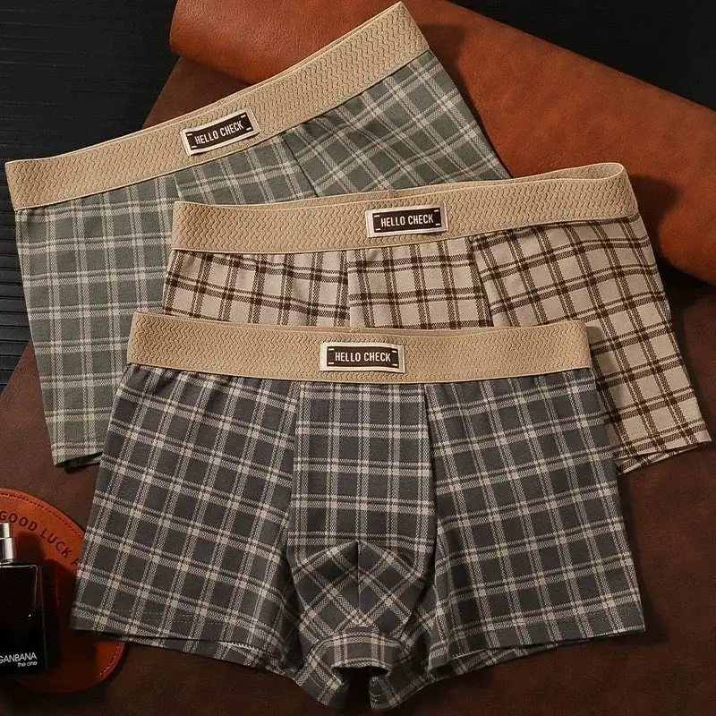 Shorts boxer retrô estampado xadrez masculino de 4 peças, roupa íntima macia, confortável e respirável, shorts boxer sem costura masculino