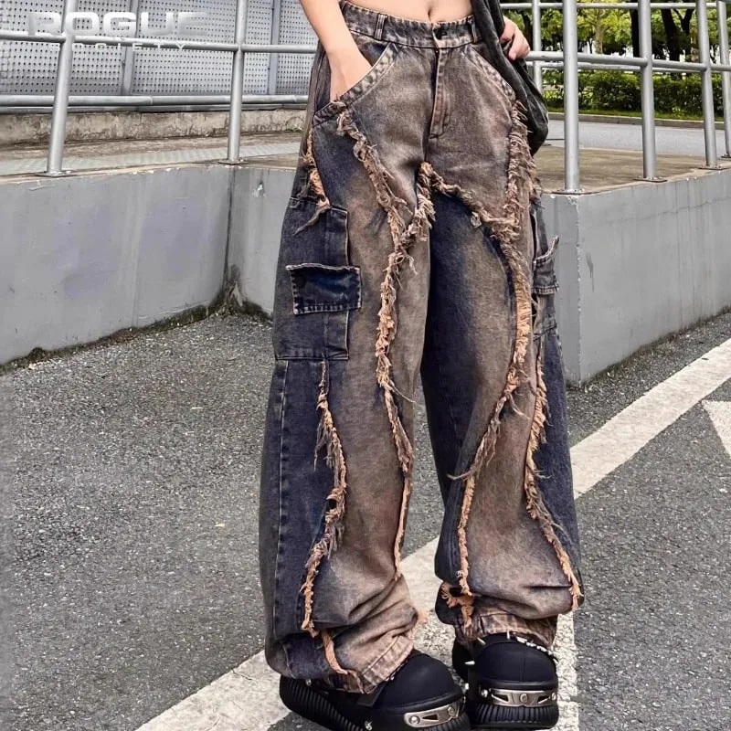Y2K Grunge Deconstructed Distressed Jeans Unisex Patchwork Washed Wide Leg Denim Pants Hip Hop Streetwear Harajuku Punk Trousers