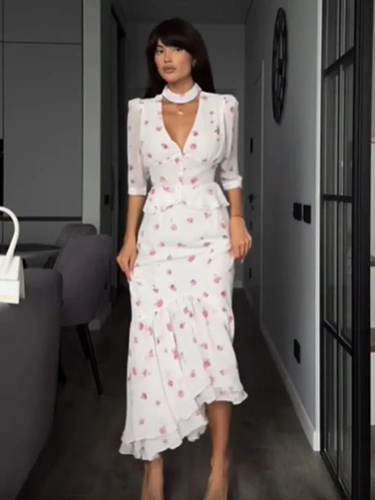 Women Elegant Printed V-neck Dress Chic Lapel Waist Cinched Pleated High Waisted Dresses 2026 Summer New Lady Vacation Gowns — image 4