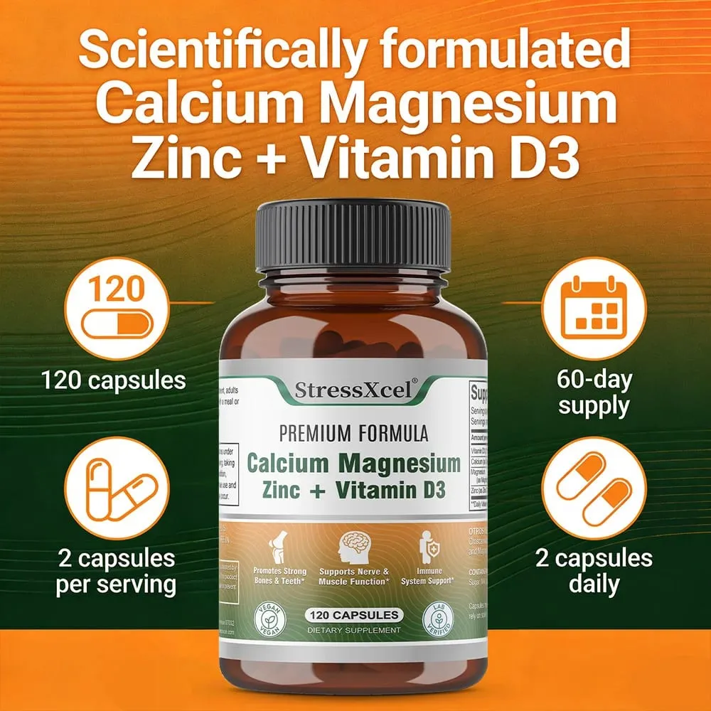 Calcium + Magnesium + Zinc + Vitamin D3 Capsules - Supports Bone and Nervous System Health and Improves Mood | Non-GMO — image 4