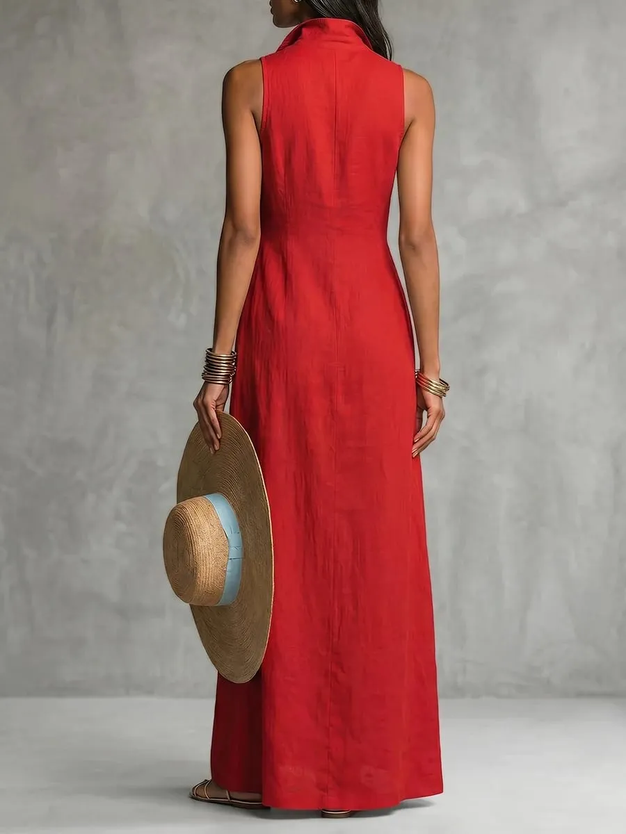 Freeacy Women Sleeveless Shirt Collar Maxi Dress 2026 Summer Solid Red Button Front Slim Fit Cotton Blended Vacation Dresses