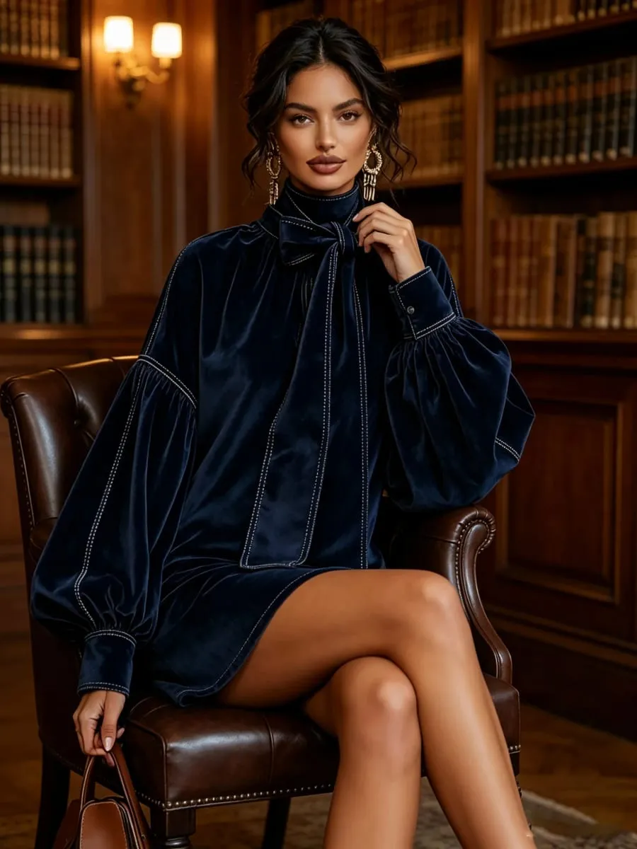 American Retro High Collar Lantern Sleeve Long Sleeve Bow Tie Elegant Velvet Women Mini Dresses Casual Autumn High Street Dress — image 4