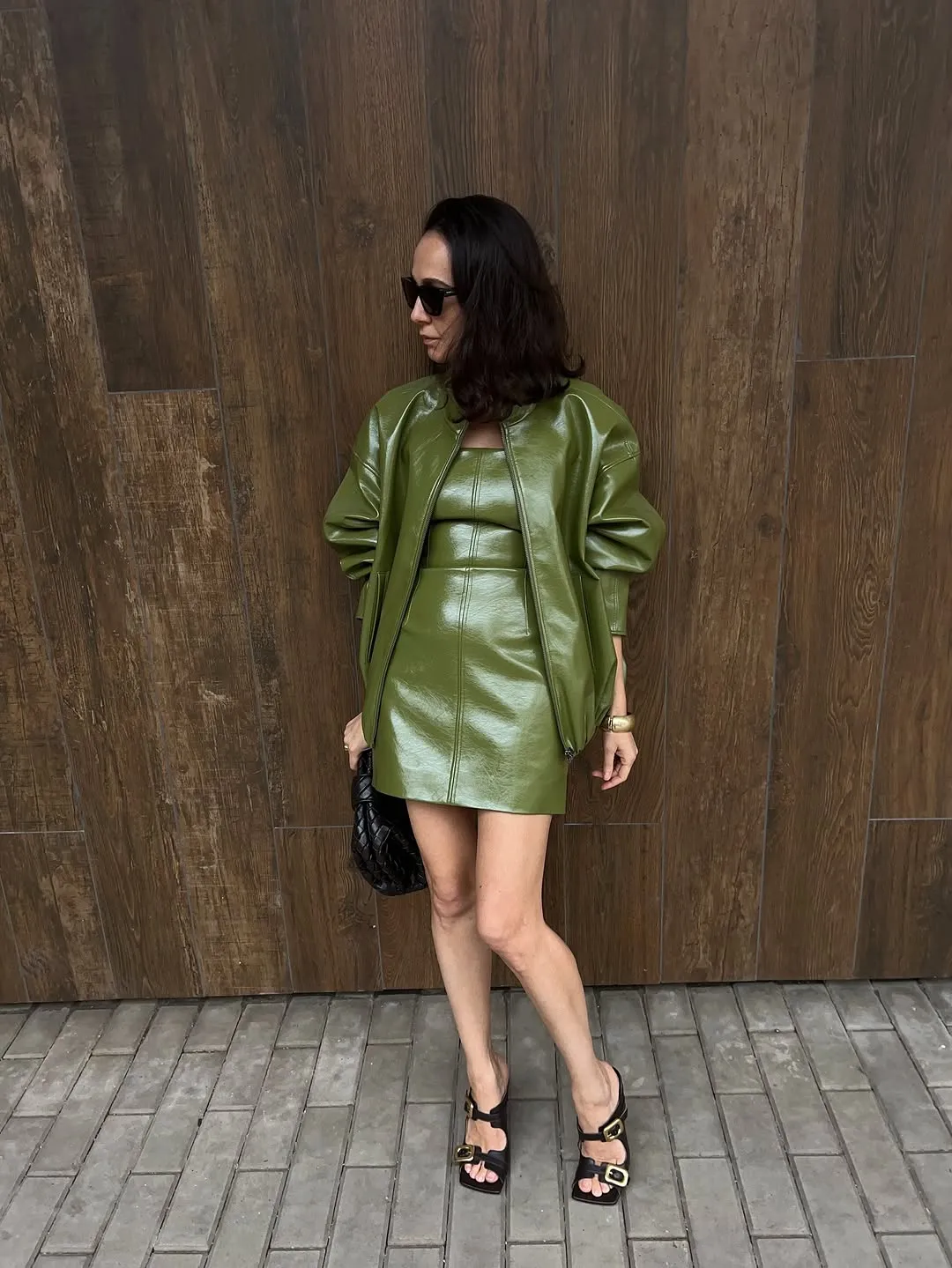 Vintage Green Leather Skirt Sets Women Fashion Solid Strapless Short Skirts Zipper Jacket Outfits Lady Daily Highstreet Outfit