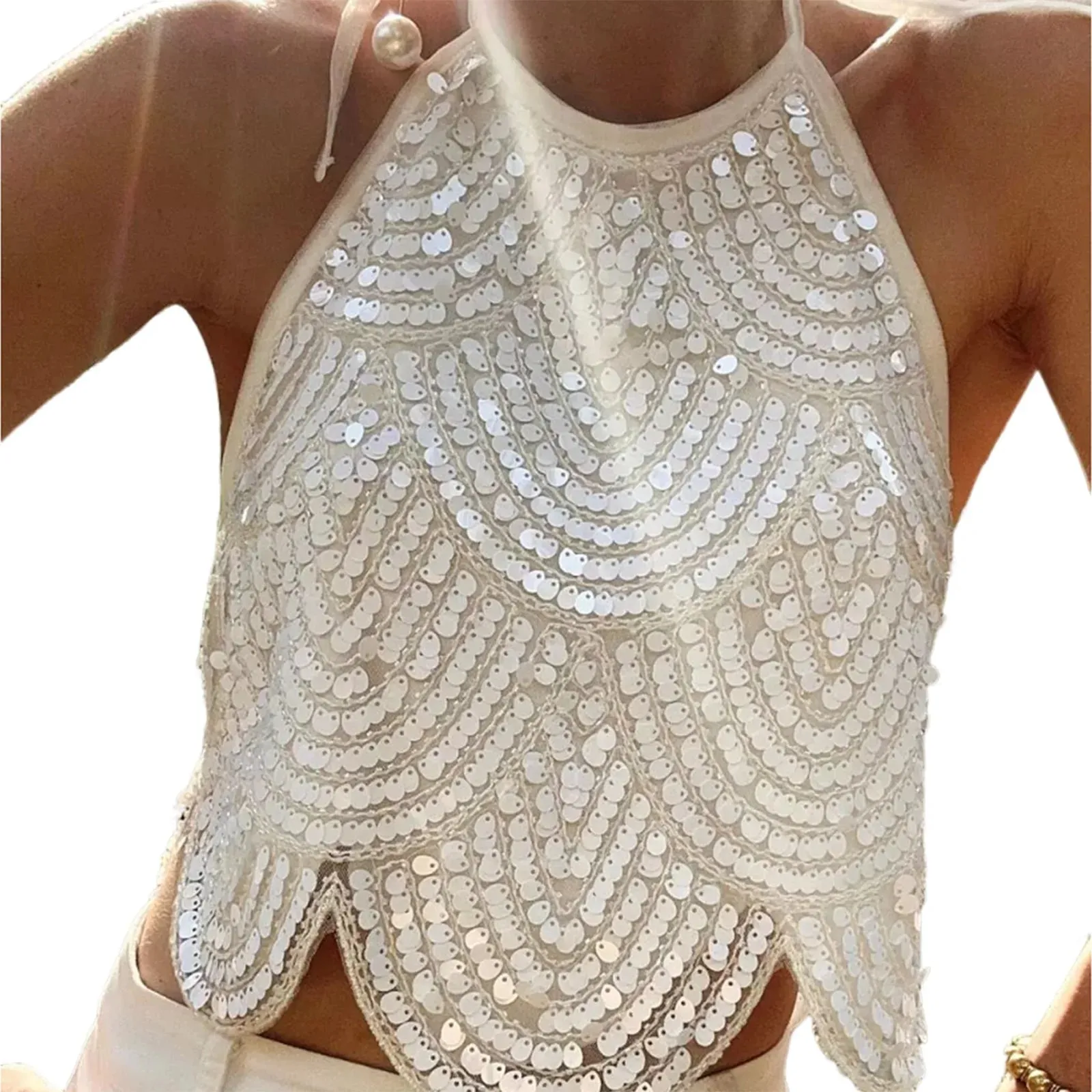 Canotta sexy da donna con paillettes allacciata alla caviglia, allacciatura senza schienale, top corto sexy scintillante senza maniche, top da festa con glitter Clubwear — image 11
