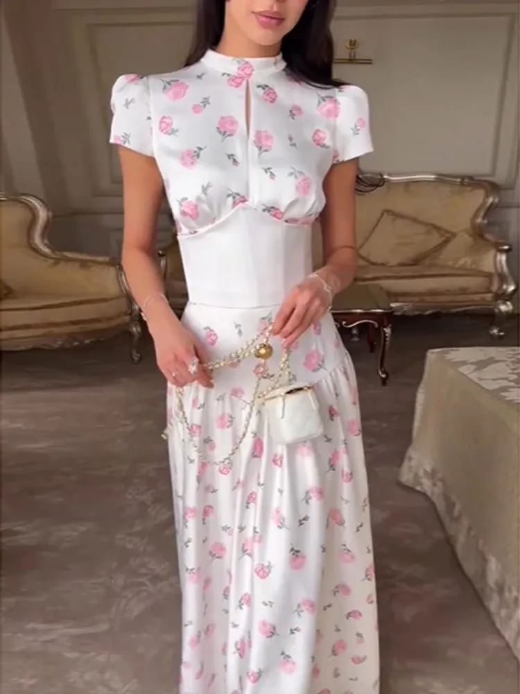 Organza Floral Printed Maxi Dress Fashion V-neck Puff Sleeve 2026 Spring/summer Romantic Women Party Gown Elegant Lady Vestidos — image 3