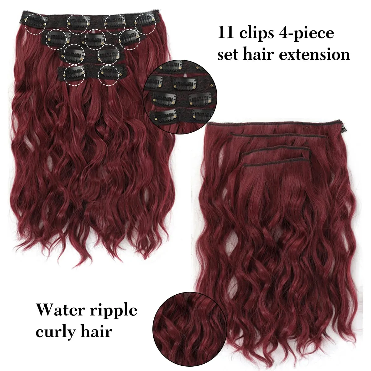 short curly Synthetic Burgundy 4-piece set of water ripple hair extension wig clip in woman's clip hair accessories hairpiece — image 4