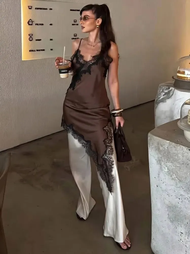 HH 2026 Female Summer Fashion Solid Lace Splicing V Neck Dresses Satin Asymmetry Hem Sexy Backless Slim Mini Dress For Party — image 4